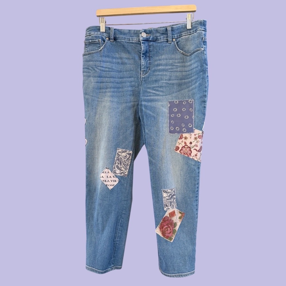 Wmns Chico's So Slimming Girlfriend Crop Boho Patchwork Shabby Chic Jeans Size 3